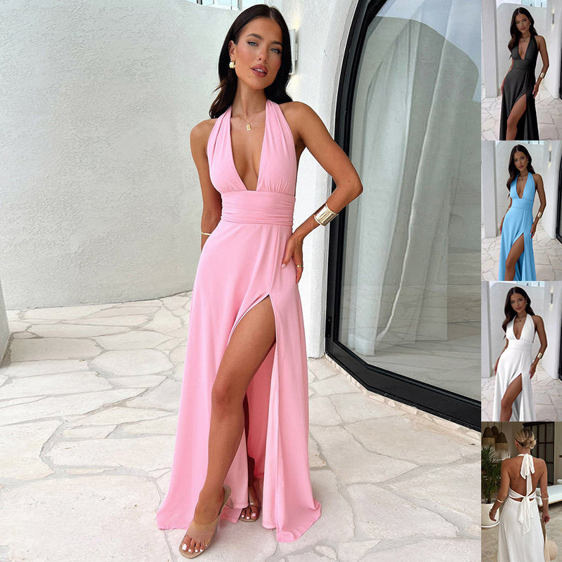 Halterneck V-neck Slit Dress Summer Backless Strappy Skirt Fashion