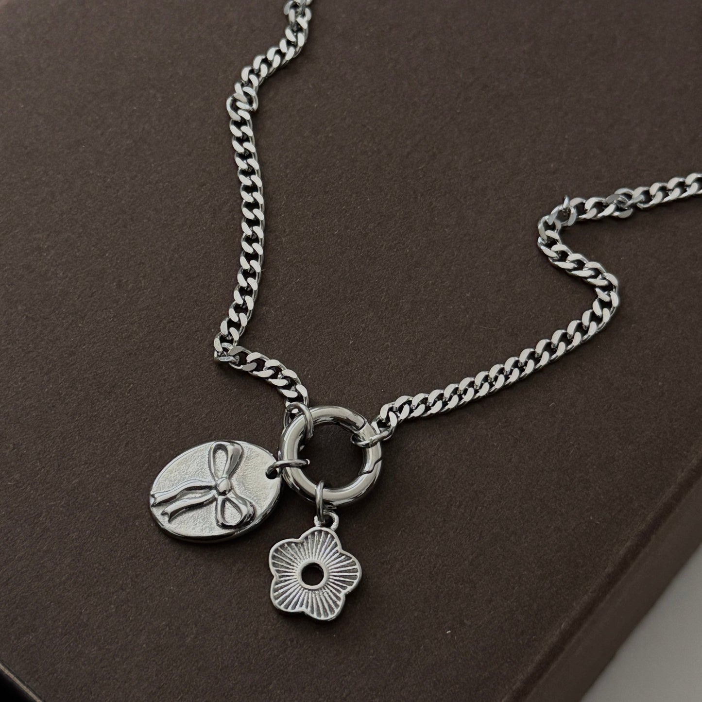 Bow and Flower Necklace- Silver
