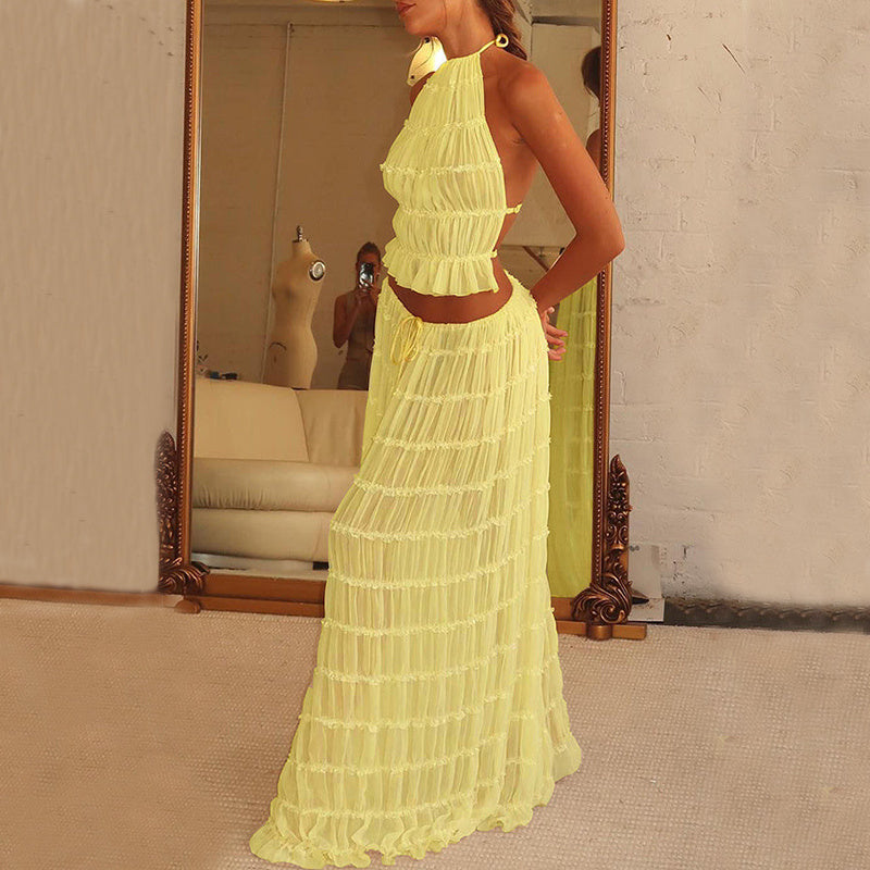 2pcs Women's Dress Suit Sleeveless Backless Cropped Halter Top And Pleated Long Skirt Beach Clothing