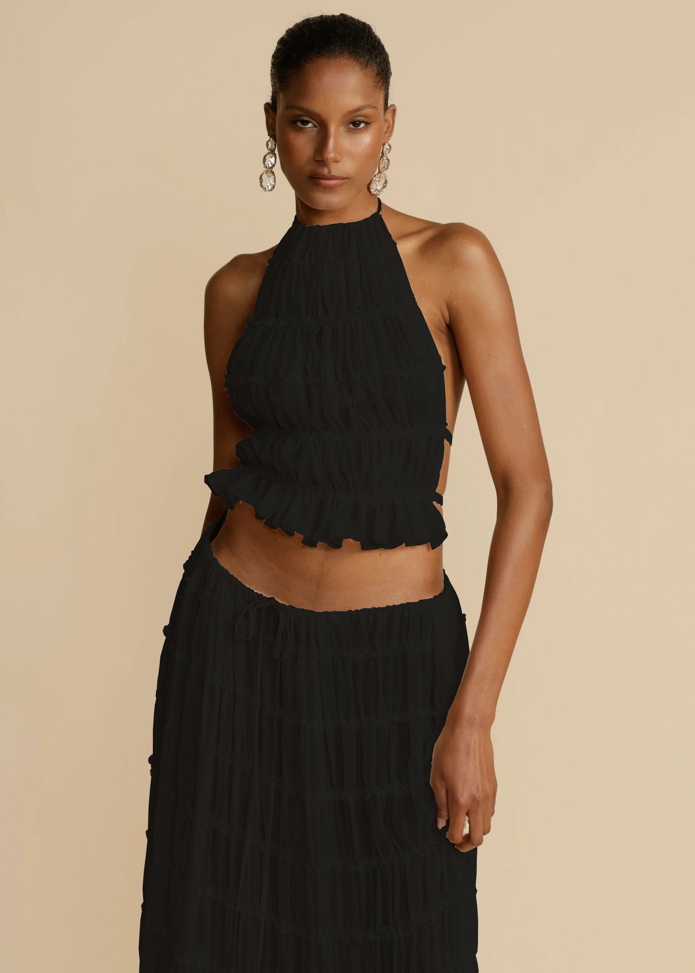 2pcs Women's Dress Suit Sleeveless Backless Cropped Halter Top And Pleated Long Skirt Beach Clothing