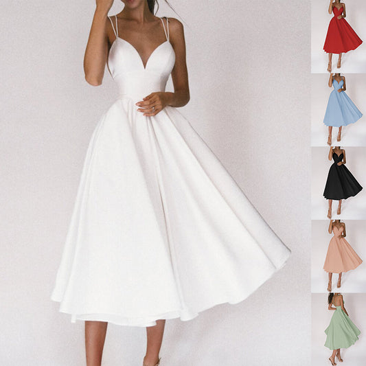 V-neck Suspender Dress Summer Fashion A-Line Long Dresses