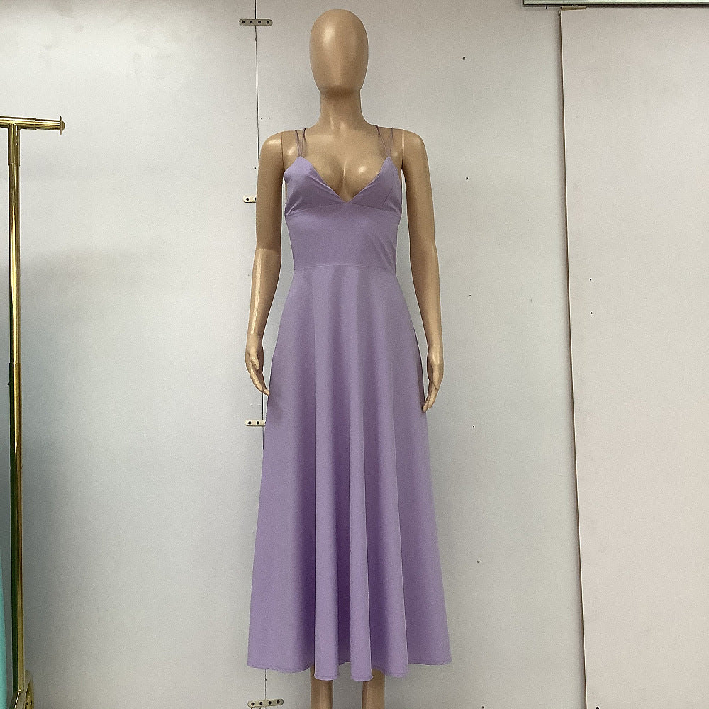 V-neck Suspender Dress Summer Fashion A-Line Long Dresses