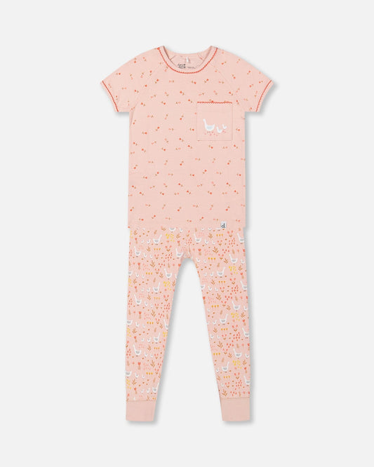 Organic Cotton Two Piece Pajama Set Pink Printed Goose