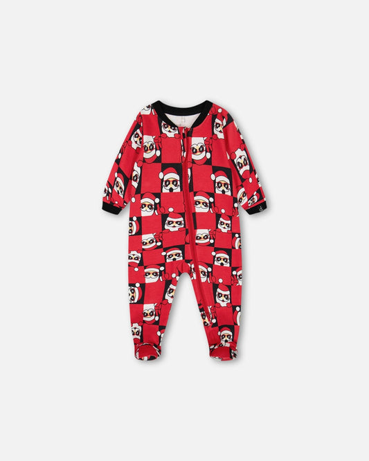 Organic Cotton One Piece Pajama Red Printed Santa
