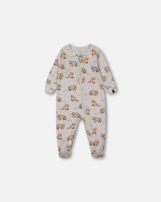 Organic Cotton One Piece Pajama Beige Mix Printed Racoons