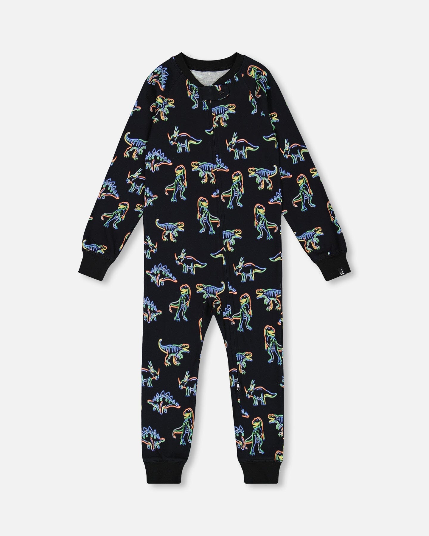 Organic Cotton One Piece Pajama Black Printed Neon Dino
