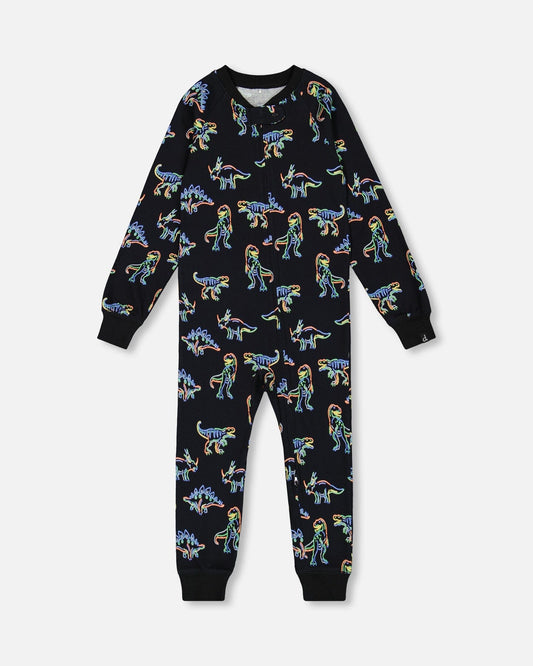 Organic Cotton One Piece Pajama Black Printed Neon Dino
