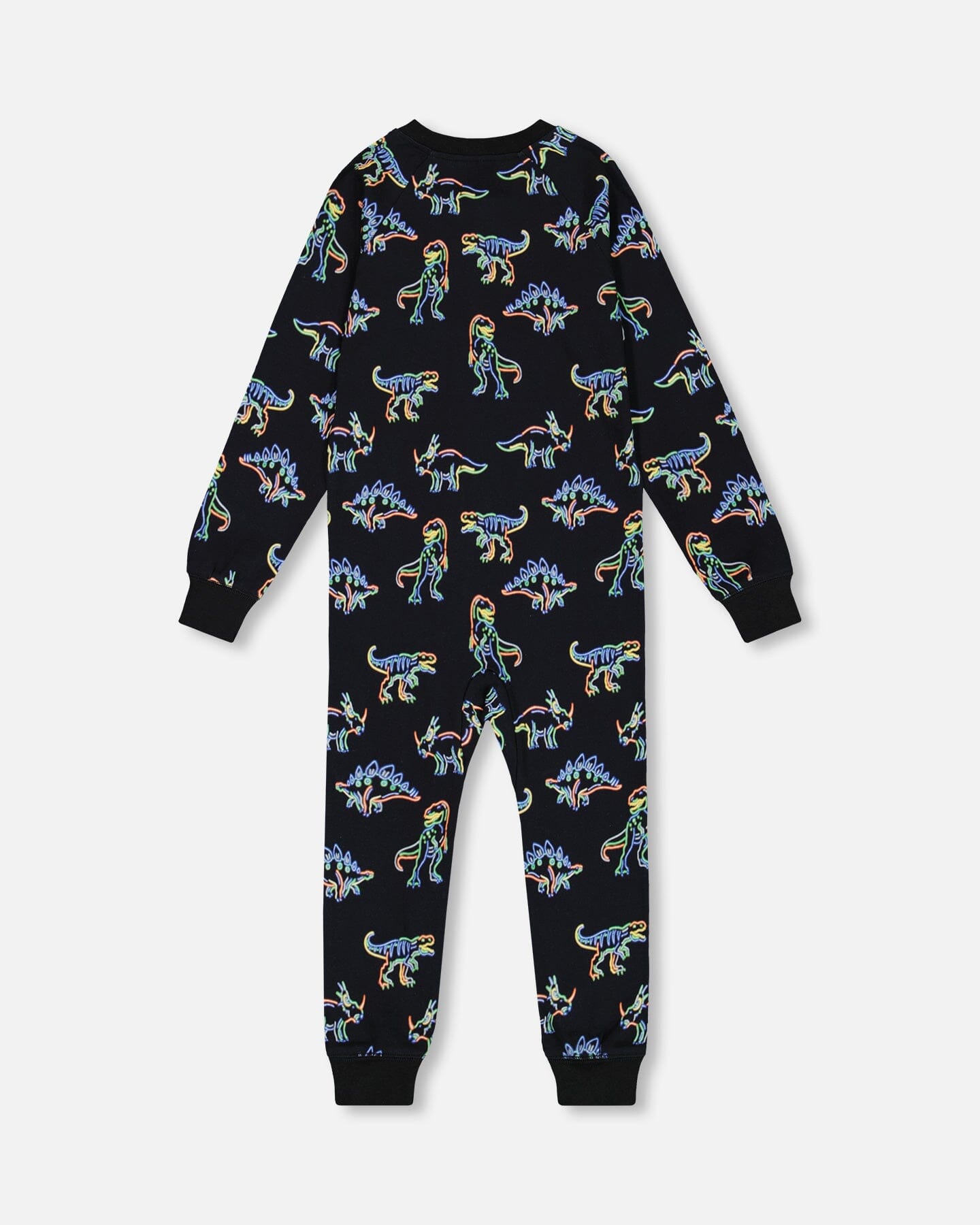 Organic Cotton One Piece Pajama Black Printed Neon Dino