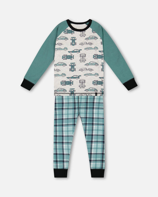 Organic Cotton Two Piece Pajama Set Green Printed Cars