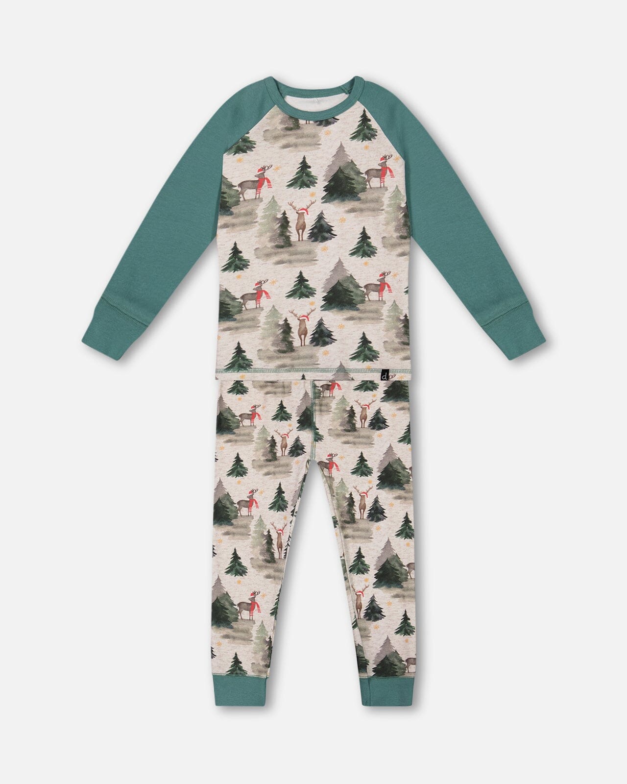 Organic Cotton Two Piece Pajama Set Gray Mix And Green Printed Reindeer