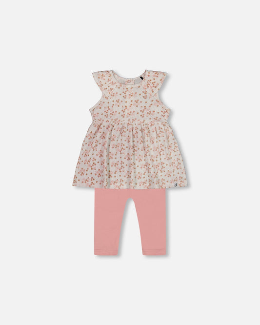 Printed Organic Cotton Tunic And Leggings Set White With Pink Flowers