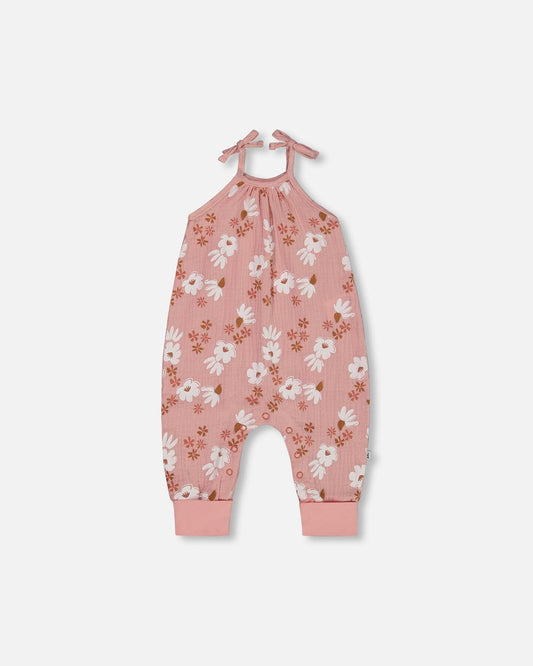 Printed Muslin Tie Strap Jumpsuit Pink And White Flowers