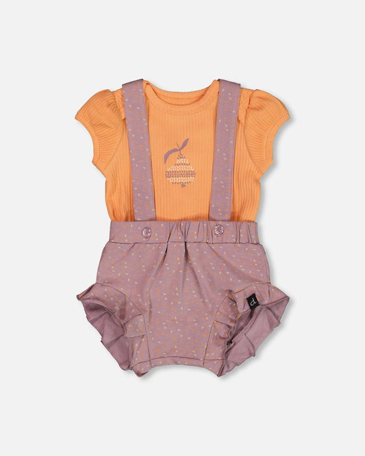 Printed Organic Cotton Onesie And Shortall Set Orange And Purple