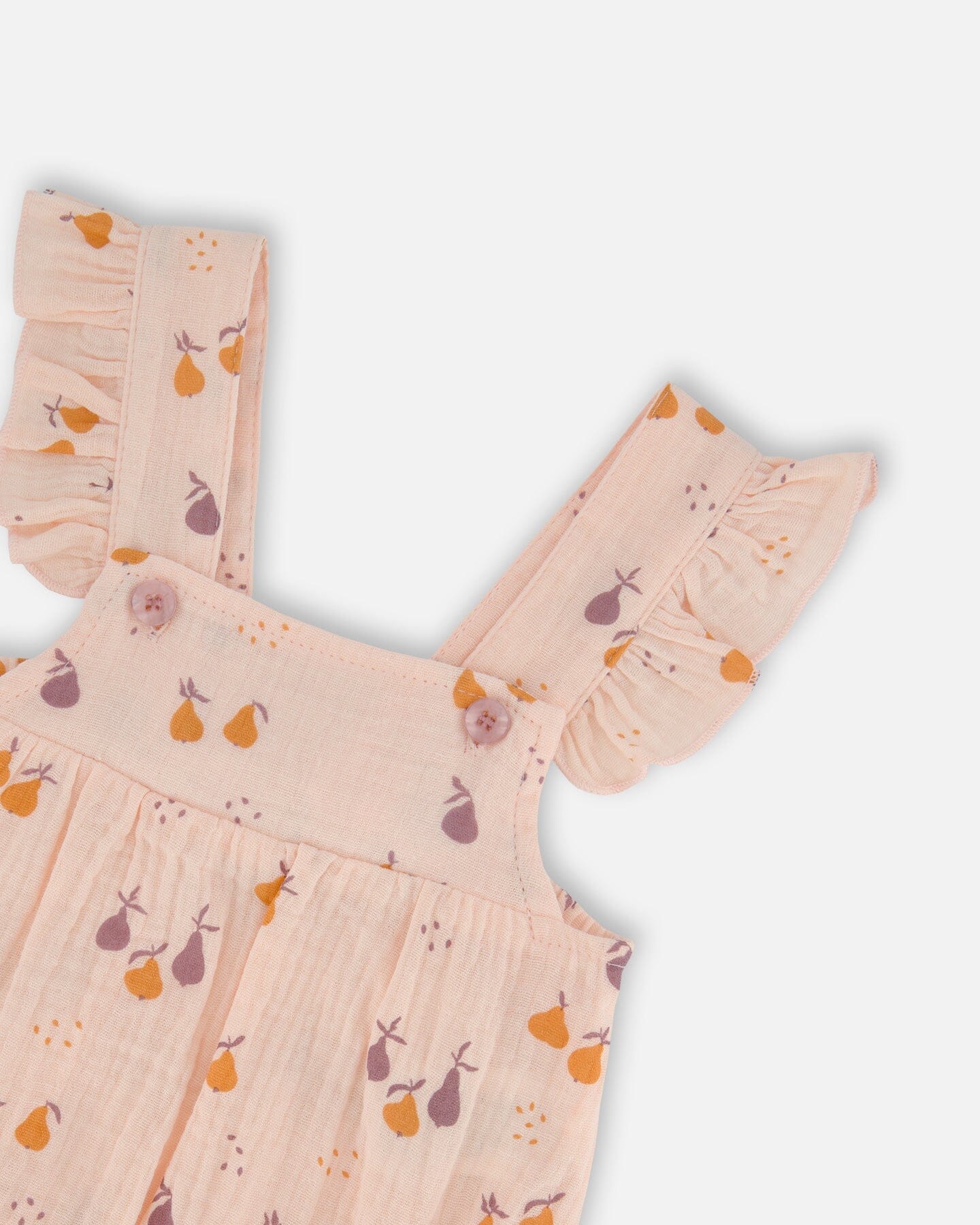 Printed Muslin Shortall And Organic Cotton Onesie Set Peach With Pears