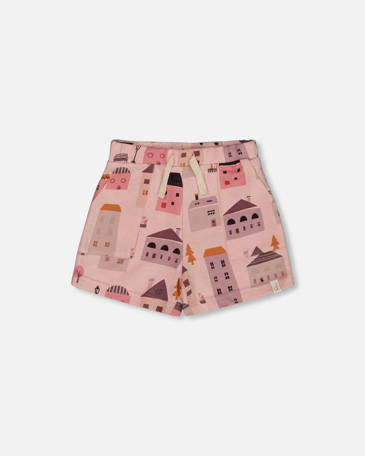 Printed French Terry Short Pink And Coral Houses