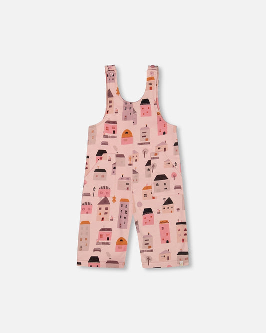 Printed French Terry Overalls Pink And Coral Houses