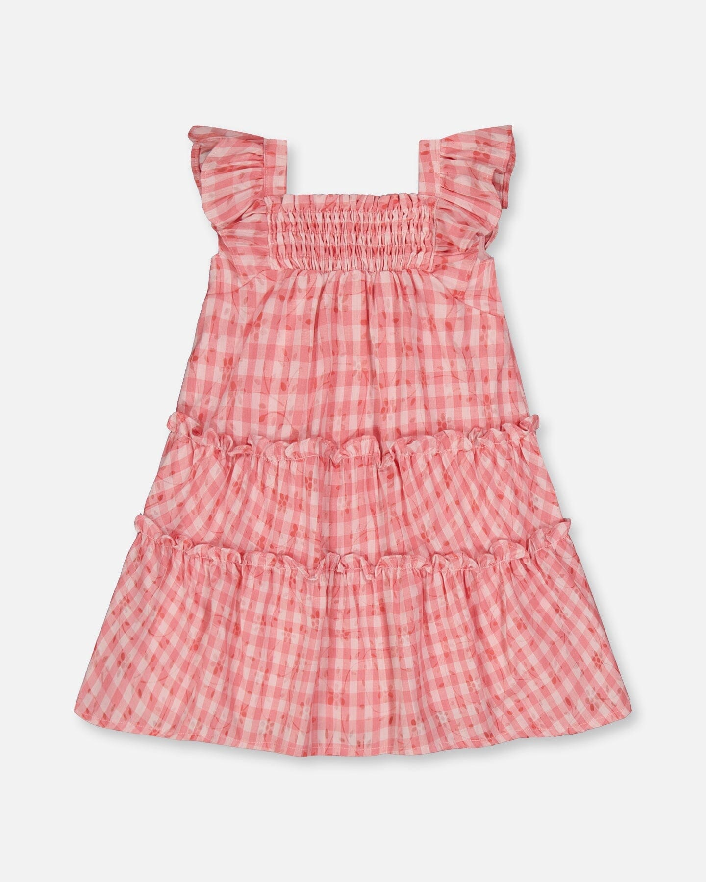 Smocked Layered Dress With Frill Sleeve Checked Pink