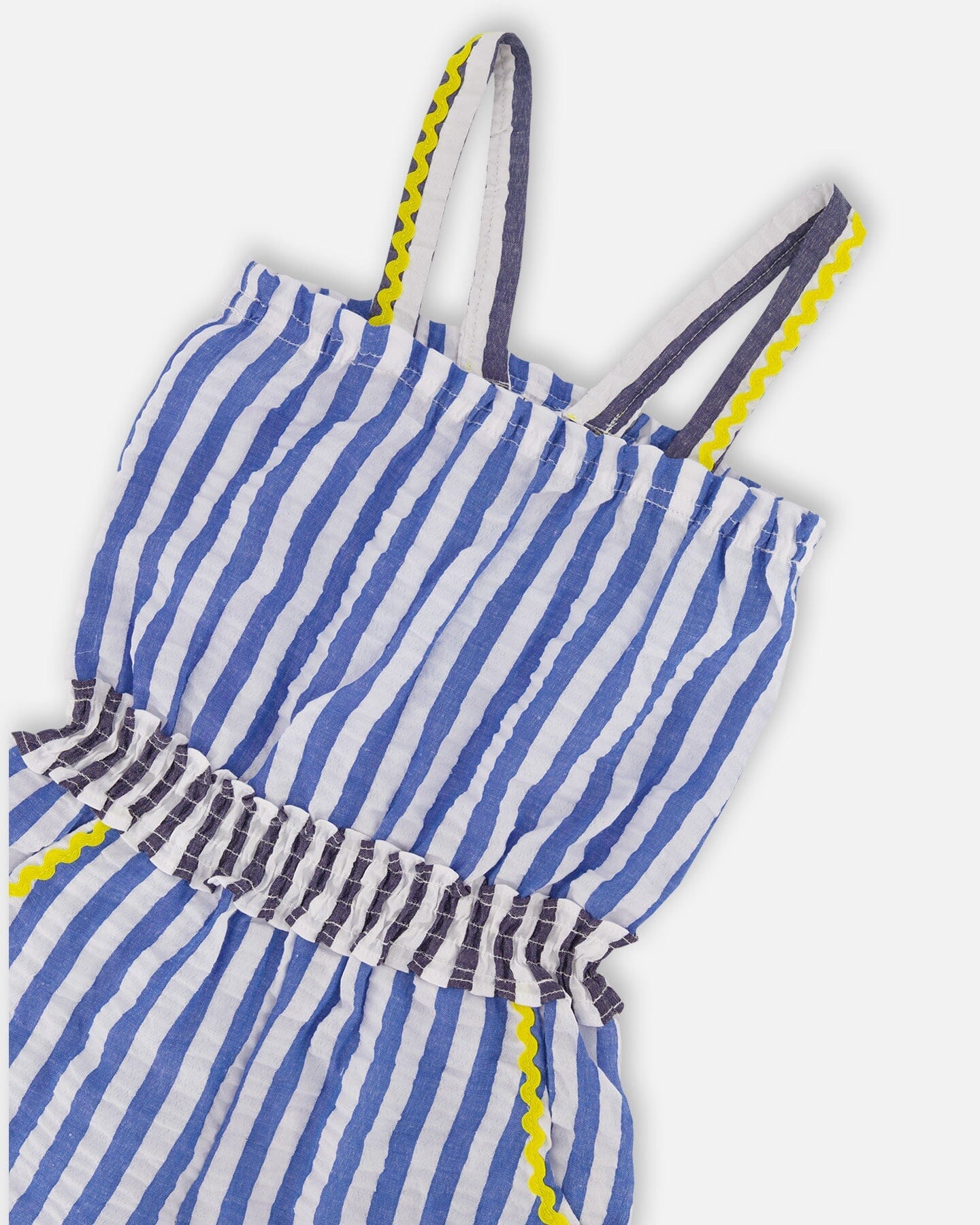 Sleeveless Seersucker Romper Blue And White Striped