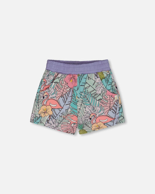 Printed French Terry Short Lilac Tropical And Pink Flamingos