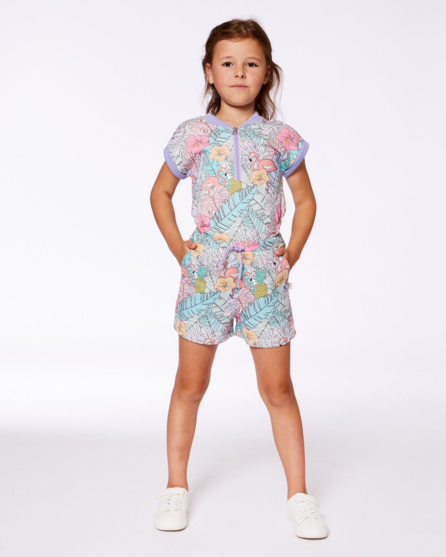 Printed French Terry Romper Lilac Tropical And Pink Flamingos