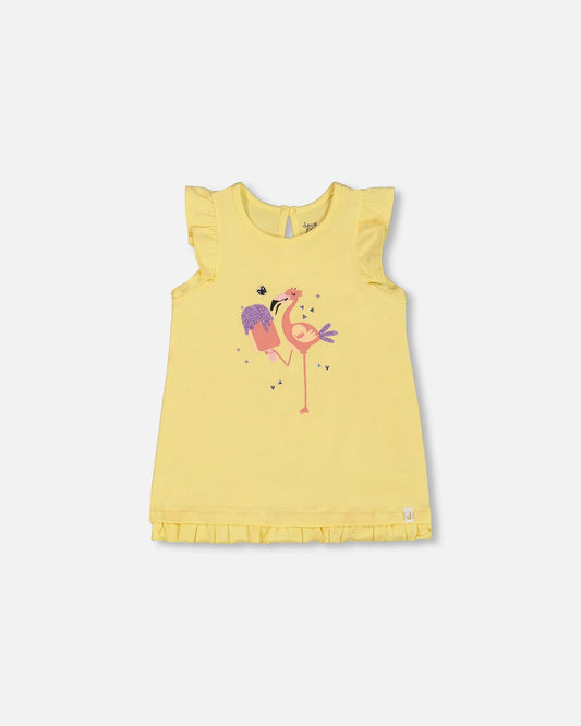 Organic Cotton Tunic With Frill And Print Yellow And Flamingo