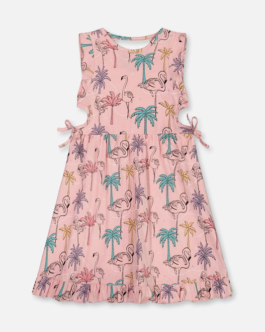 Printed Organic Cotton Dress With Cut Outs Palm Trees, Pink Flamingo, And Turquoise