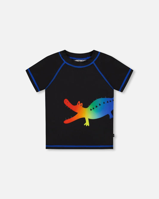 Short Sleeve Rashguard Black And Multicolored Crocodiles