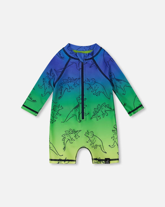 Printed Long Sleeve One-Piece Rashguard Vibrant Blue And Green Dino