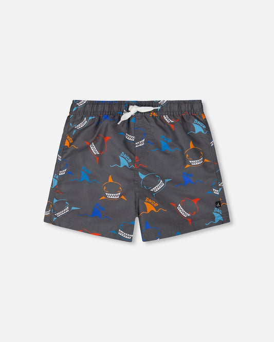 Printed Boardshorts Orange, Red, And Blue Sharks On Gray
