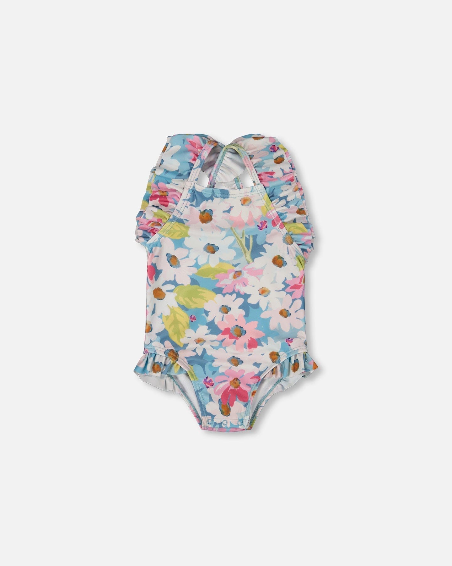 Printed One-Piece Swimsuit With Frills White, Pink, And Green Flowers
