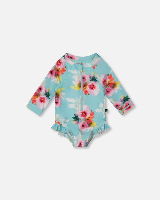 Printed One-Piece Rashguard With Frills Turquoise And Pink Flowers