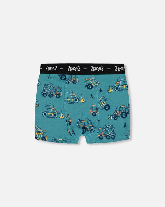 Printed Organic Cotton Boxer Shorts Teal With Yellow Truck