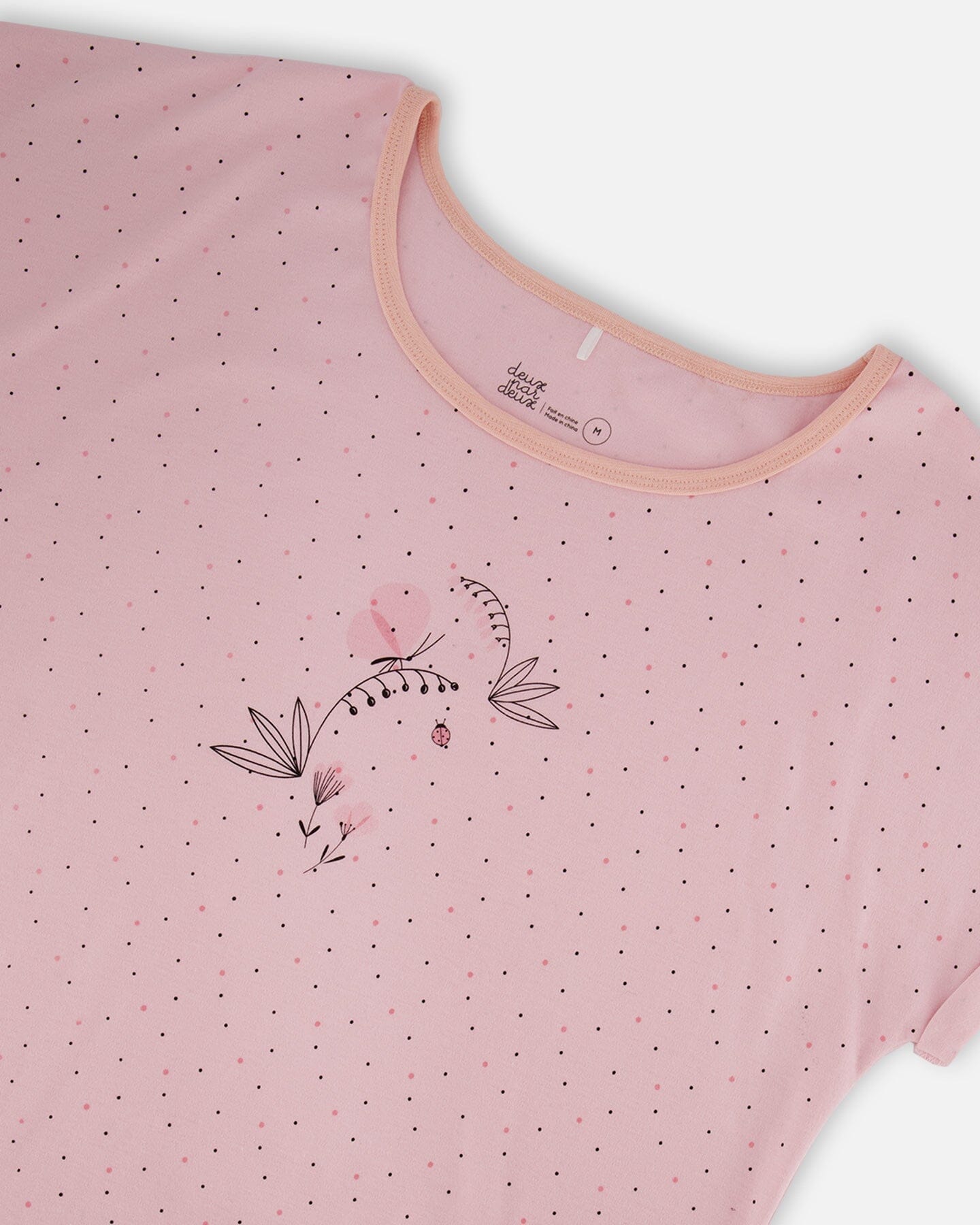 Women'S Printed Organic Cotton Two-Piece Pajama Set Small Pink Flowers On Pale Pink Background