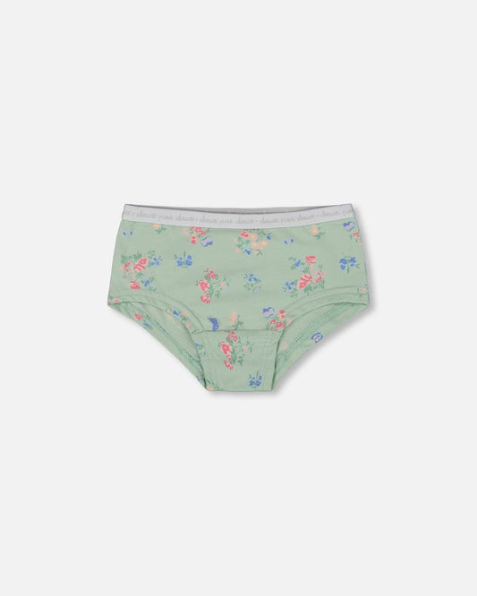 Printed Organic Cotton Boyshort Panty Small Pink And Blue Flowers On Light Sage
