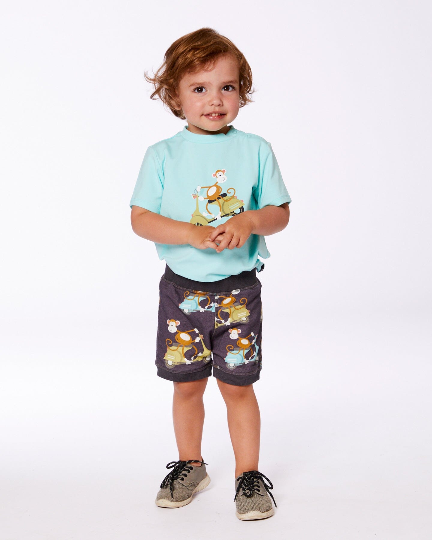 Two-Piece Top And Short Set Monkey On Navy And Turquoise Moped