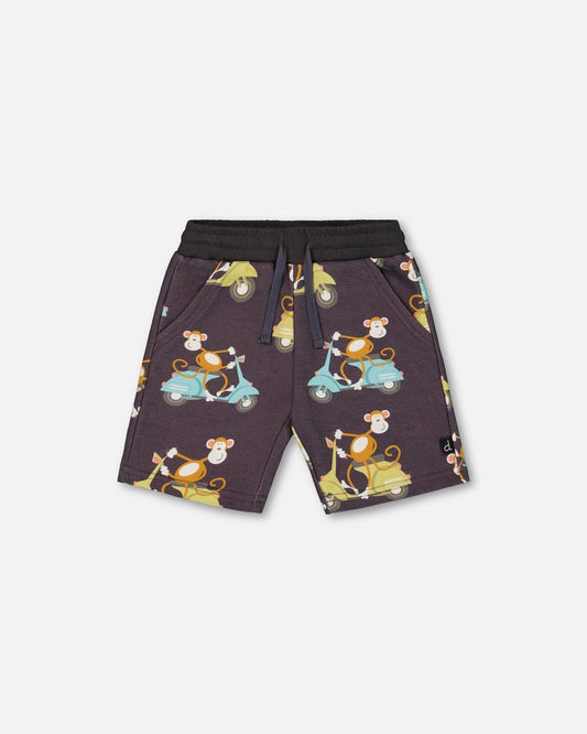 Printed French Terry Short Monkey On Navy Moped
