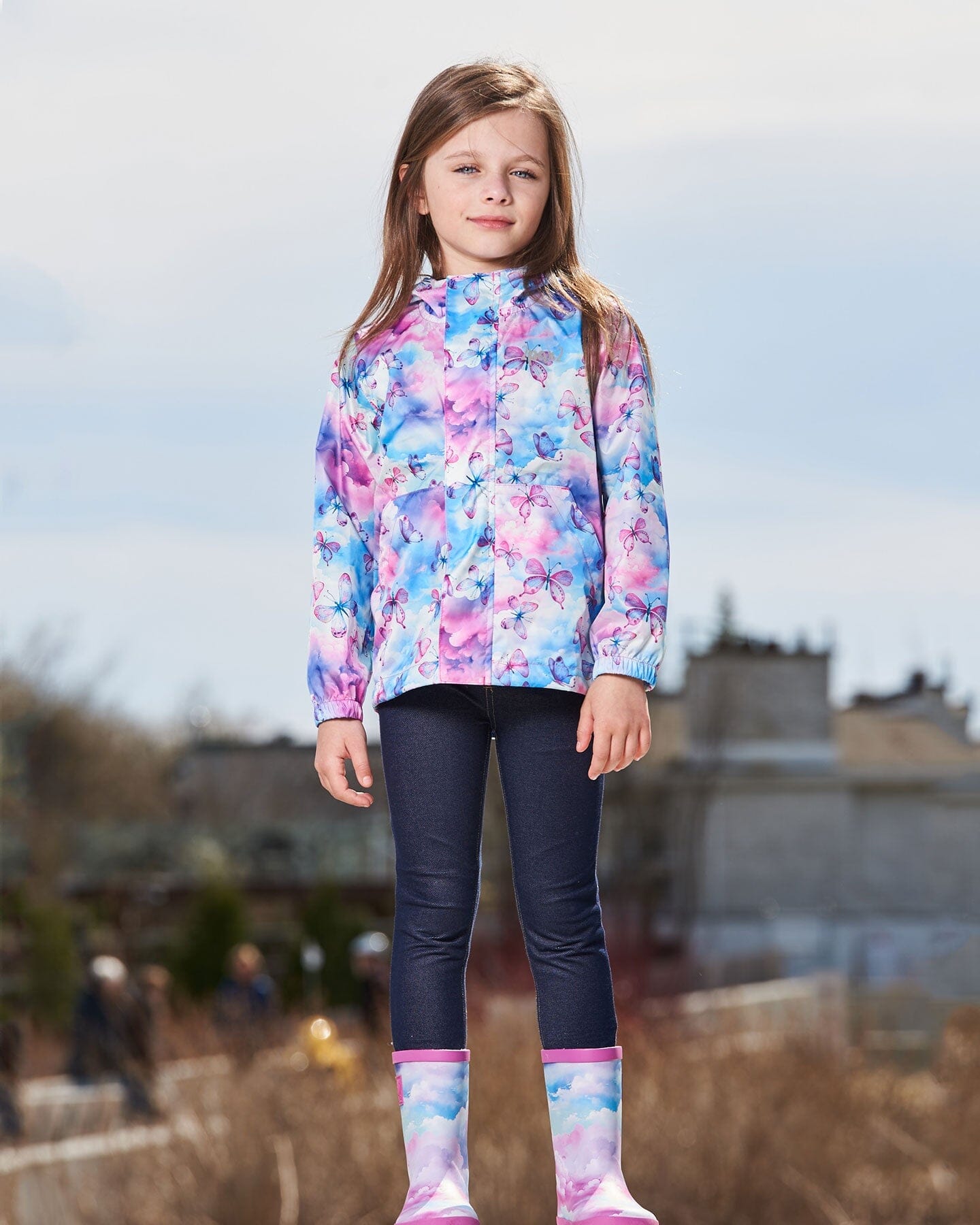 Printed Packable Windbreaker Butterflies On Multicolored Background