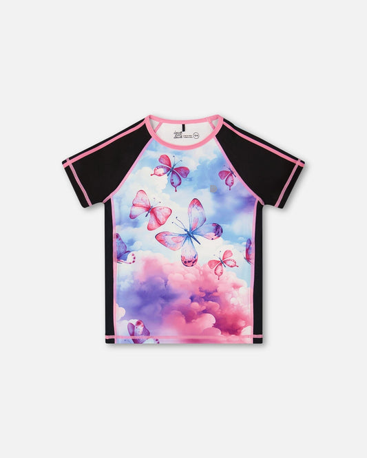 Printed Short Sleeve Athletic Top Pink, Black And Butterfly