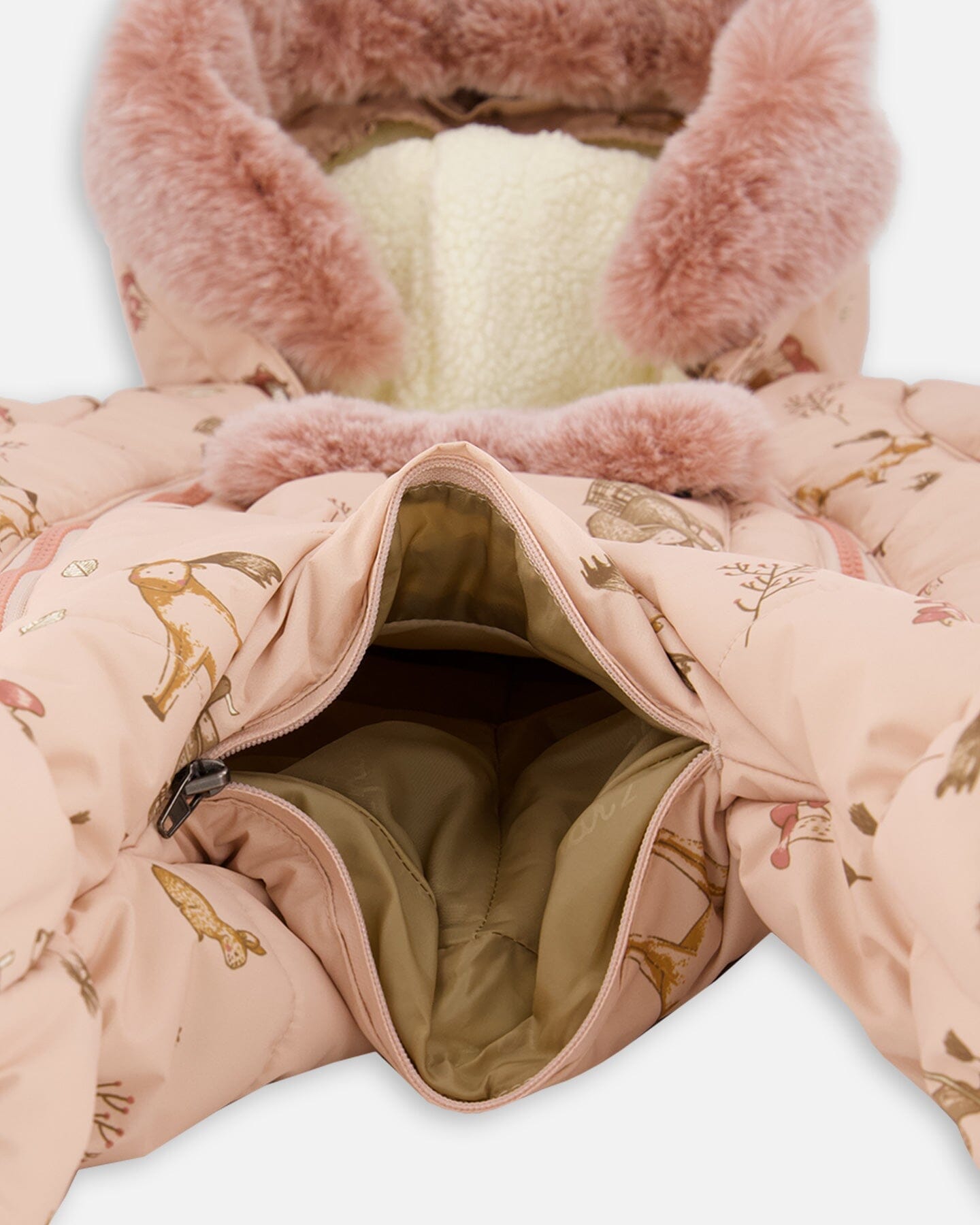 One-Piece Baby Layette Snowsuit Designed For Car Seat Pink Printed Animal
