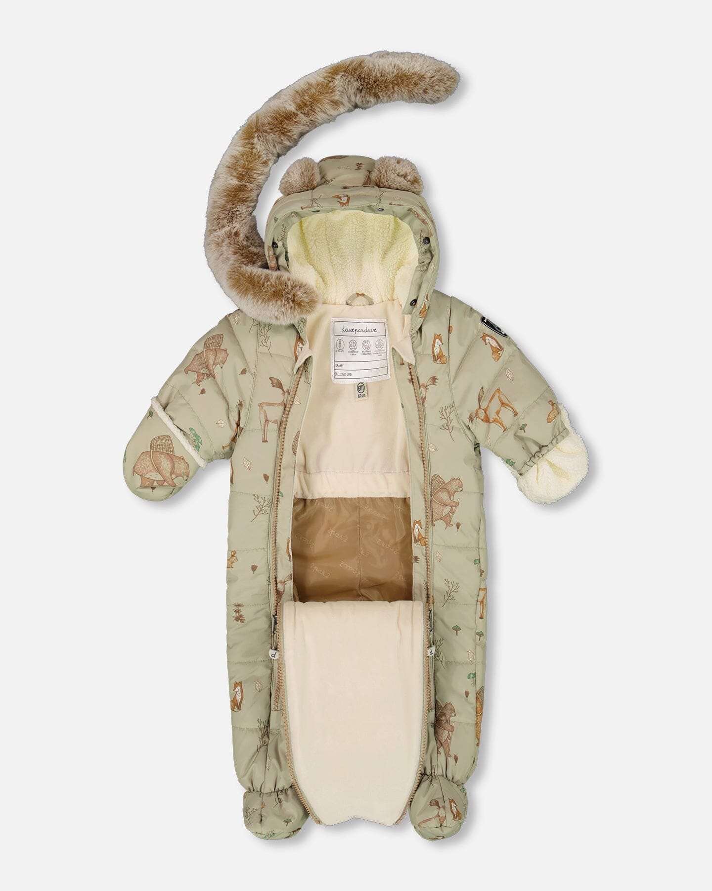 One-Piece Baby Layette Snowsuit Designed For Car Seat Green Animal Print