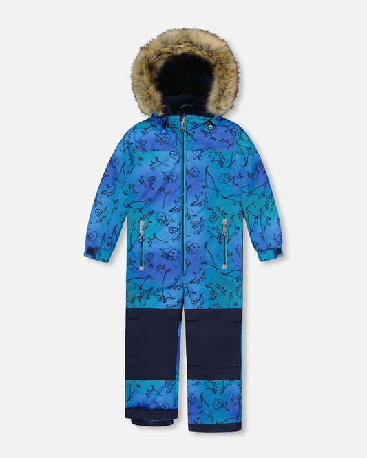 One-Piece Discover Snowsuit Blue Gradient Dinosaur Print