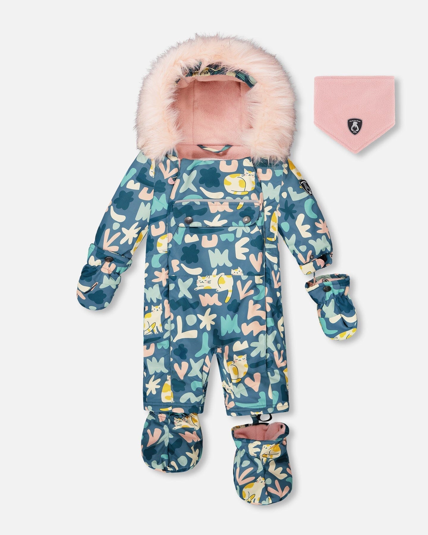 One-Piece Baby Play Snowsuit Designed For Car Seat Green Cat Print