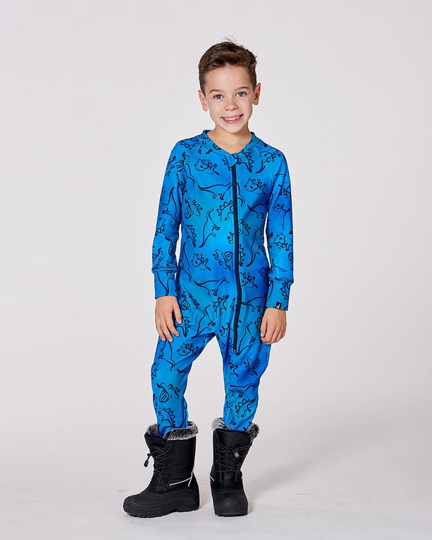 One-Piece Thermal Underwear Blue Gradient Dinosaur Print