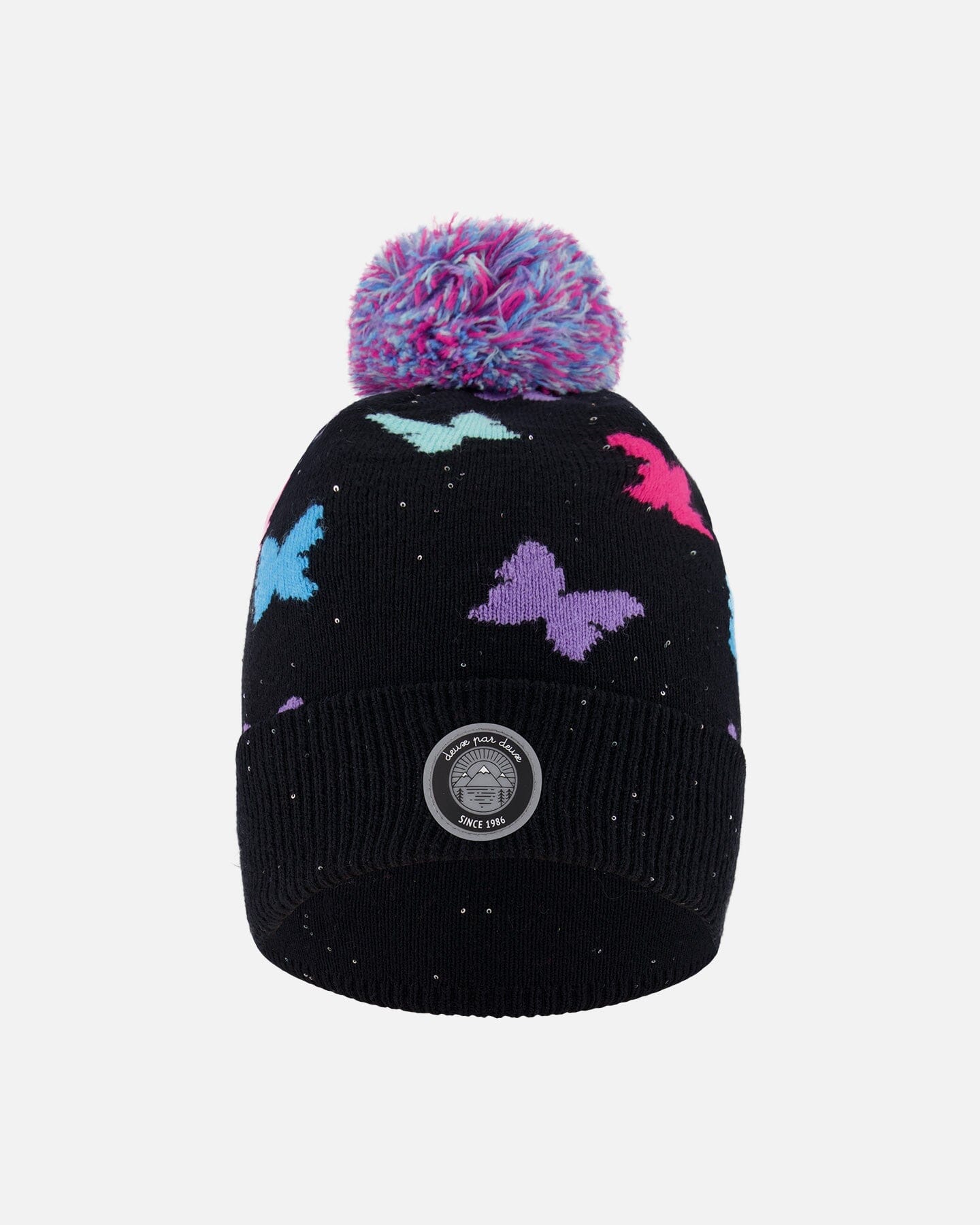 Lined Knit Pompom Hat Black Butterfly Pattern