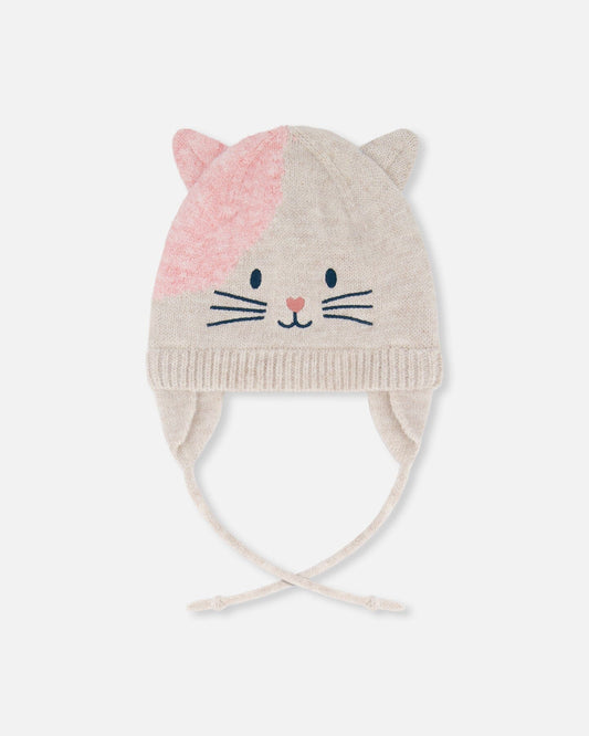Lined Knit Hat With Ears Off-White And Pink