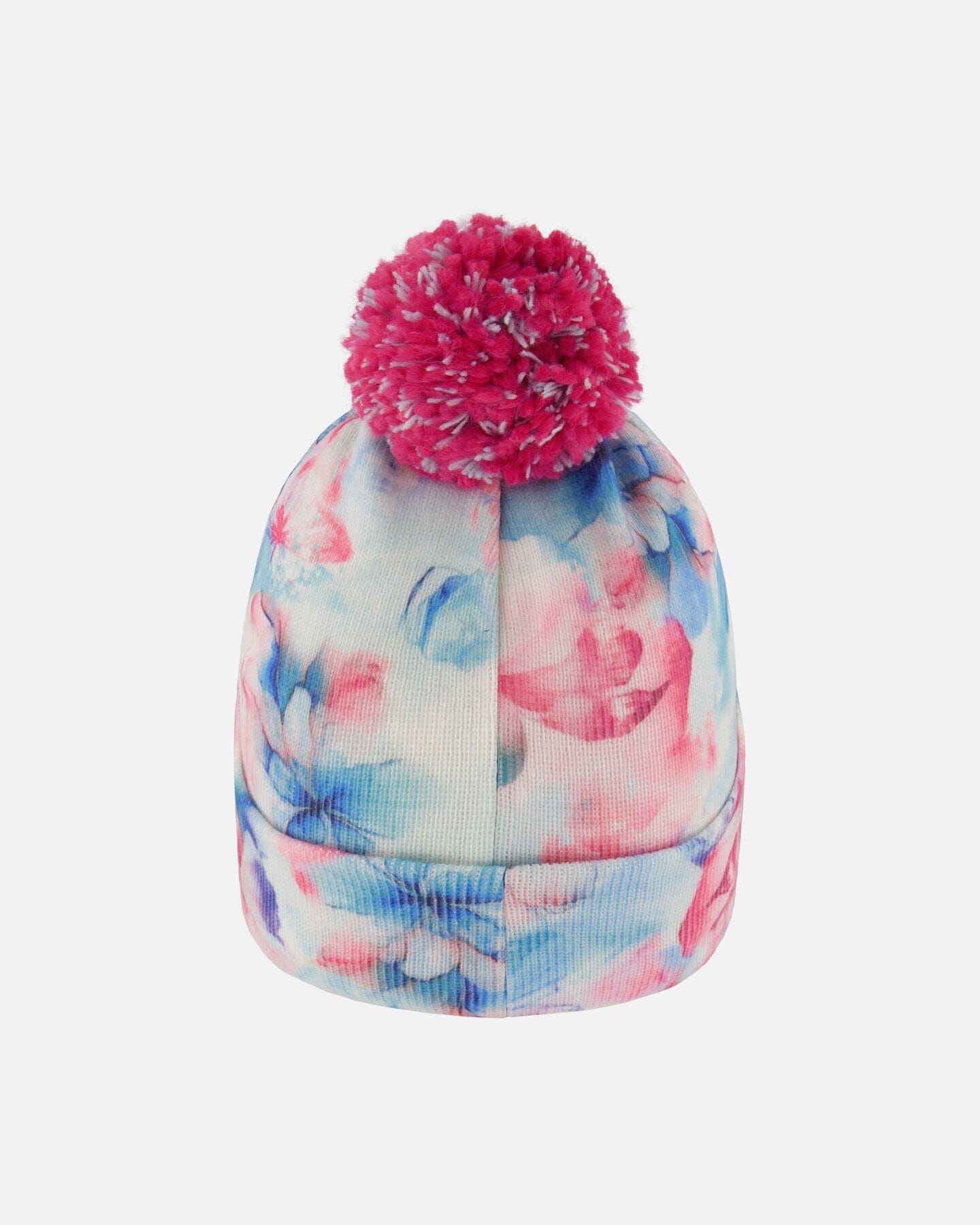 Lined Knit Pompom Hat Blue Flower Print