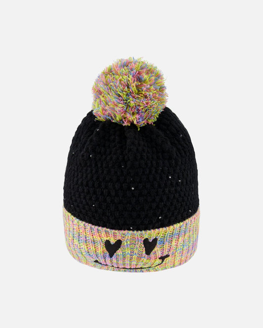 Lined Knit Hat With Pompom Black And Multicolor