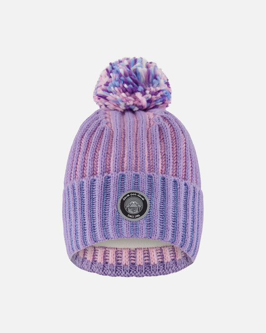 Lined Knit Pompom Hat Blue, Purple And Pink