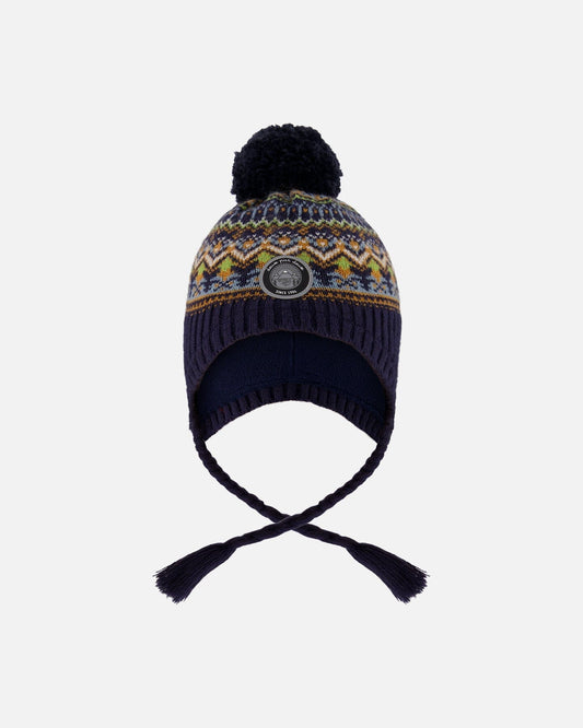 Lined Peruvian Knit Hat With Pompom Taupe And Navy