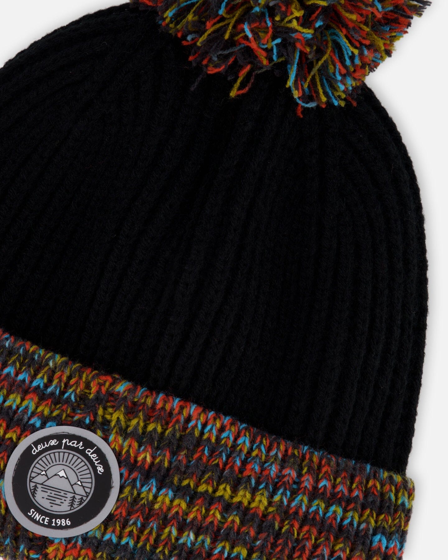 Lined Knit Winter Hat With Pompom Black And Multicolor